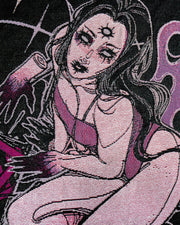Close up of right girl. Long black hair, three white eyes, fair skin, and purple leotard. Blackened fingers.