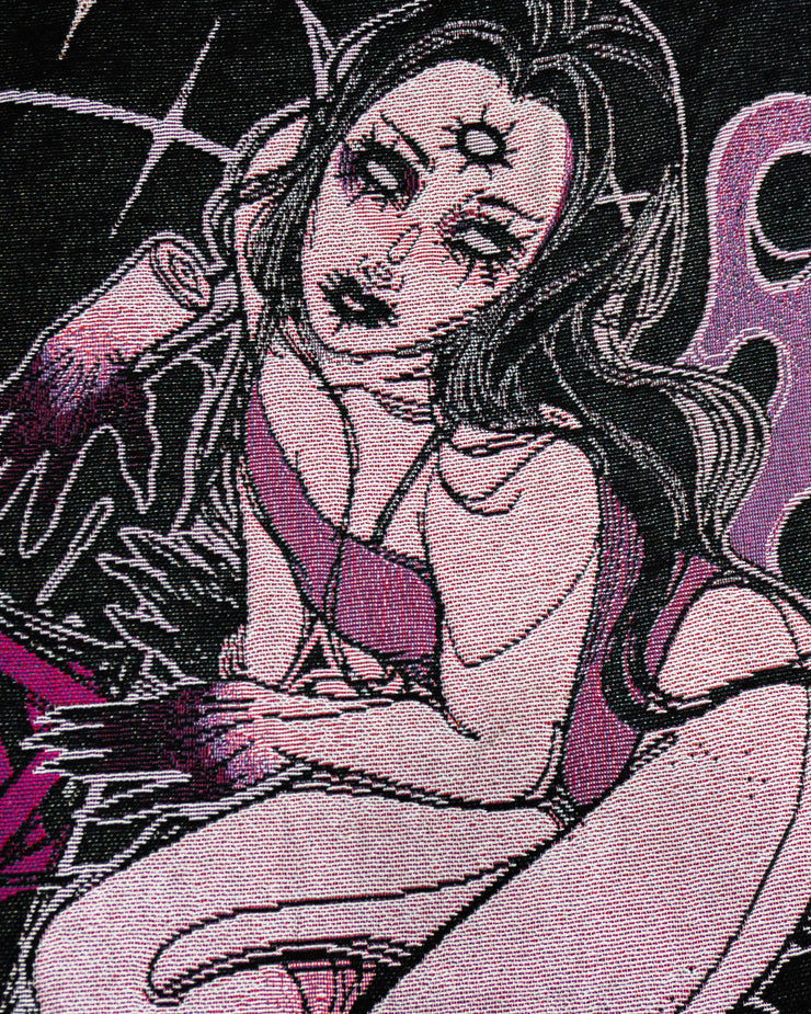 Close up of right girl. Long black hair, three white eyes, fair skin, and purple leotard. Blackened fingers.