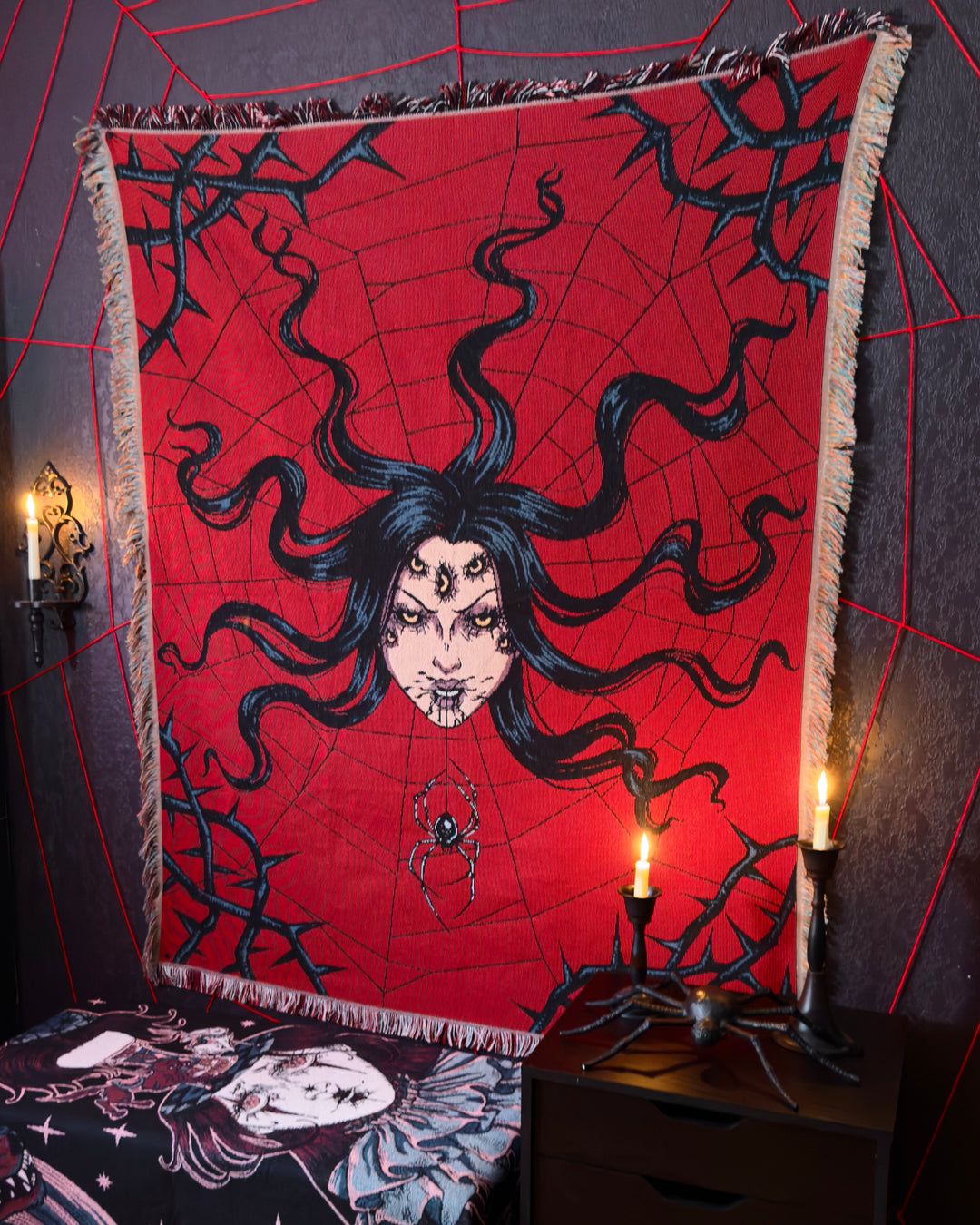 Spider Queen Woven Blanket | Gothic Art Blanket | Dark Wall Decor