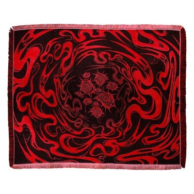 Red spirits swirl in a ghost portal on a black background, spiraling into a cluster of crimson, spiraling irises eyes in the center