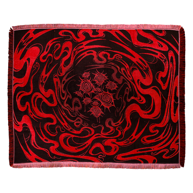Black background with many red ghosts swirling and spiraling towards the middle. Ten eyes with swirl irises cluster in the center of the design.