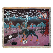 Three headed doberman, roaring with a spiked collar, stepping on a horned skull, in a desolate wasteland. Evil eye trees on fire, black river, upward-dripping puddles, skulls, weapons, mountains surround. Dark, cloudy skies and lighting.