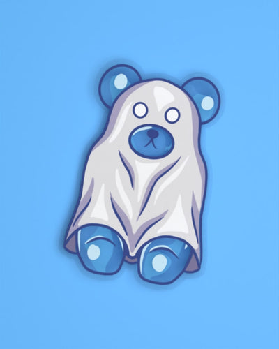 Blue semi transparent gummy bear with white ghost sheet on it.