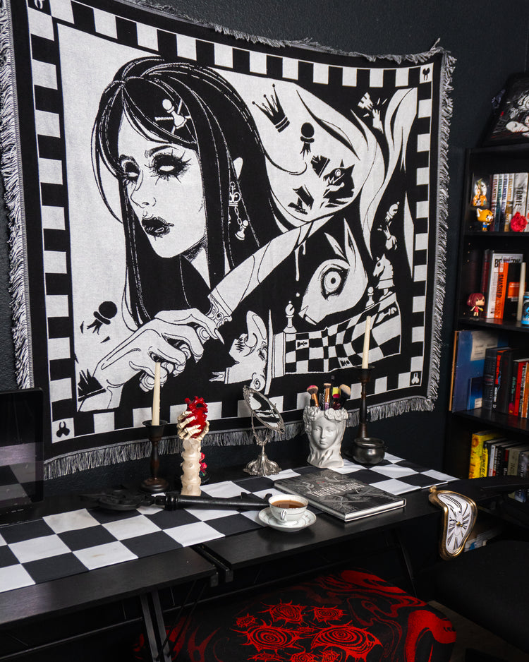 Dark Alice Chess Woven Blanket | Gothic Art Blanket | Black