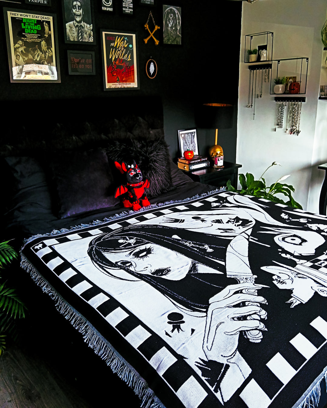 Dark Alice Chess Woven Blanket | Gothic Art Blanket | Black