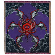 Biblical angel made of red flames surrounded by intersecting rings and six wings, all covered in many eyes. Dark clouds border on a purple background.