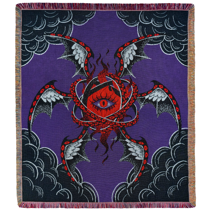 Biblical angel made of red flames surrounded by intersecting rings and six wings, all covered in many eyes. Dark clouds border on a purple background.