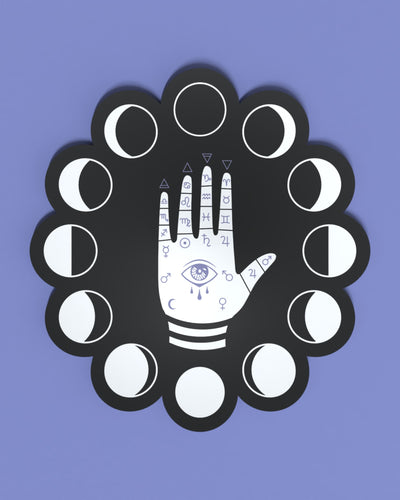 Palmisty hand with symbols, and an eye in the center. Moon cycle encircles the hand. Black background, white subject, and purple symbols.