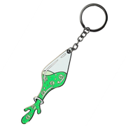 Potion bottle tilted downwards, spilling green elixar with skull pattern inside, 