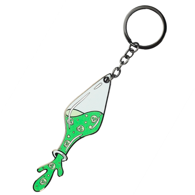 Potion bottle tilted downwards, spilling green elixar with skull pattern inside, 
