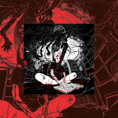 Woman sitting on bed with comic being attacked by ceiling creature, with many arms and eyes, coming from the vents. 