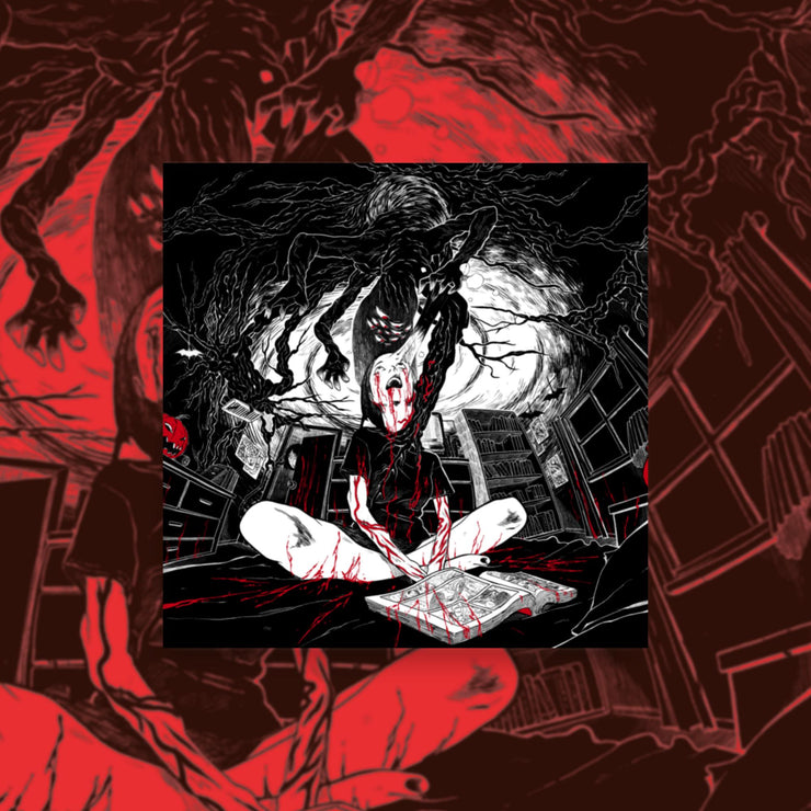 Woman sitting on bed with comic being attacked by ceiling creature, with many arms and eyes, coming from the vents.