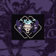 Four eyed sphynx cat head, split in the center with an exposed skull behind strings of skin. Blue ghouls escape within. Thorned frame design.

