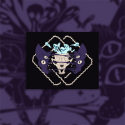 Four eyed sphynx cat head, split in the center with an exposed skull behind strings of skin. Blue ghouls escape within. Thorned frame design.