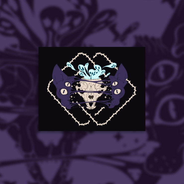 Four eyed sphynx cat head, split in the center with an exposed skull behind strings of skin. Blue ghouls escape within. Thorned frame design.
