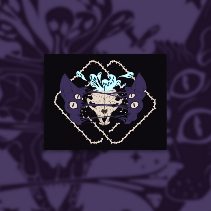 Four eyed sphynx cat head, split in the center with an exposed skull behind strings of skin. Blue ghouls escape within. Thorned frame design.