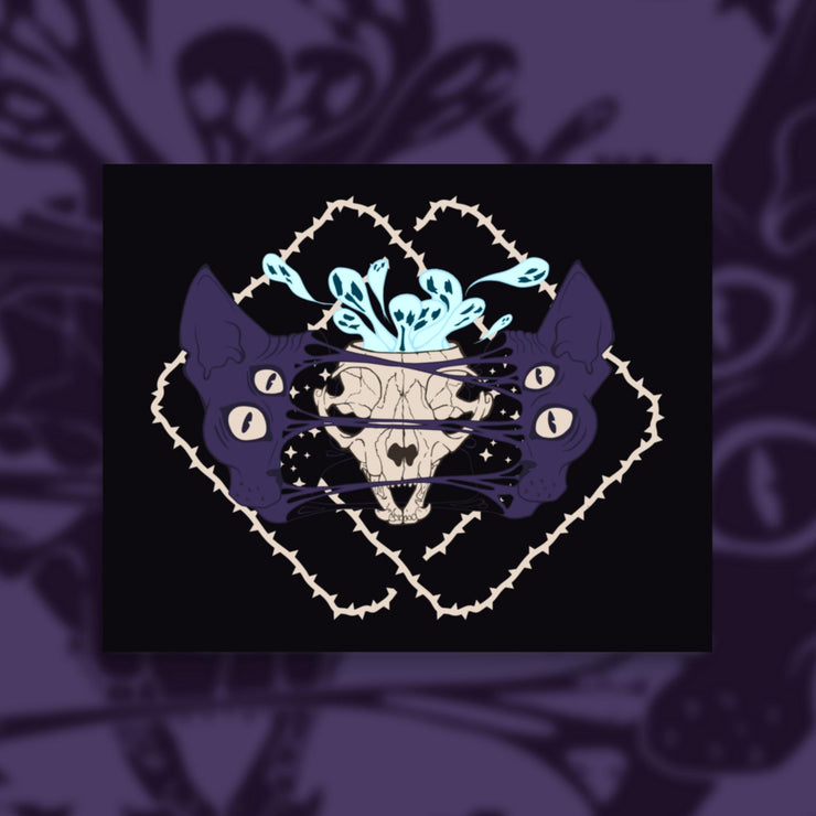Four eyed sphynx cat head, split in the center with an exposed skull behind strings of skin. Blue ghouls escape within. Thorned frame design.
