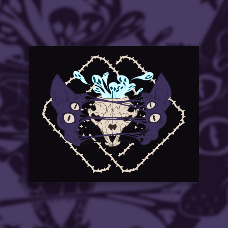 Four eyed sphynx cat head, split in the center with an exposed skull behind strings of skin. Blue ghouls escape within. Thorned frame design.