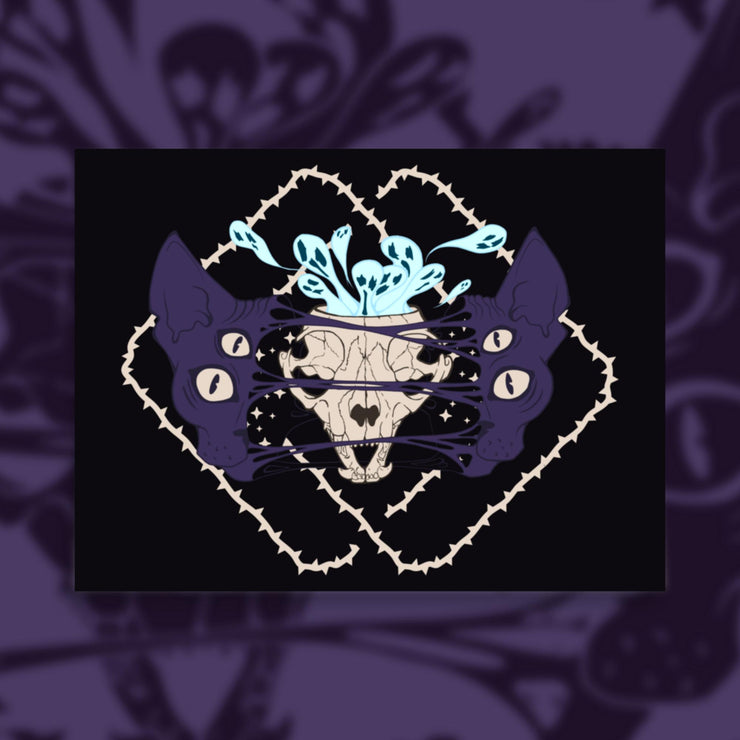 Four eyed sphynx cat head, split in the center with an exposed skull behind strings of skin. Blue ghouls escape within. Thorned frame design.
