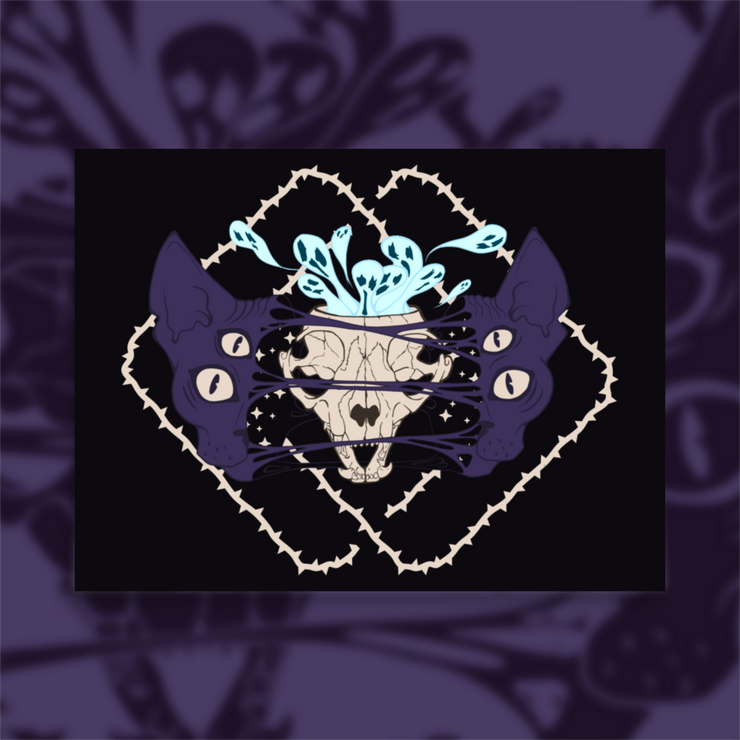 Four eyed sphynx cat head, split in the center with an exposed skull behind strings of skin. Blue ghouls escape within. Thorned frame design.