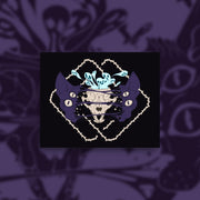 Four eyed sphynx cat head, split in the center with an exposed skull behind strings of skin. Blue ghouls escape within. Thorned frame design.