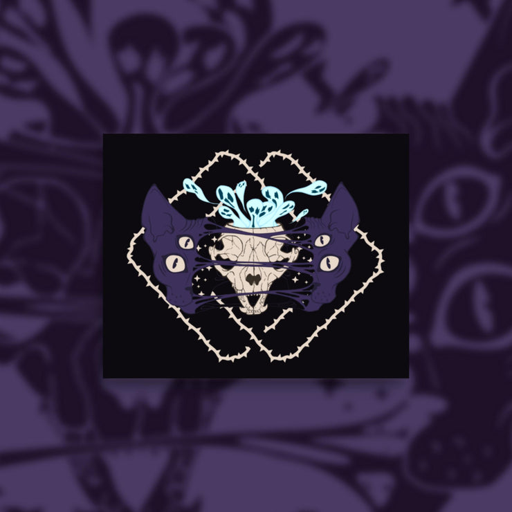 Four eyed sphynx cat head, split in the center with an exposed skull behind strings of skin. Blue ghouls escape within. Thorned frame design.