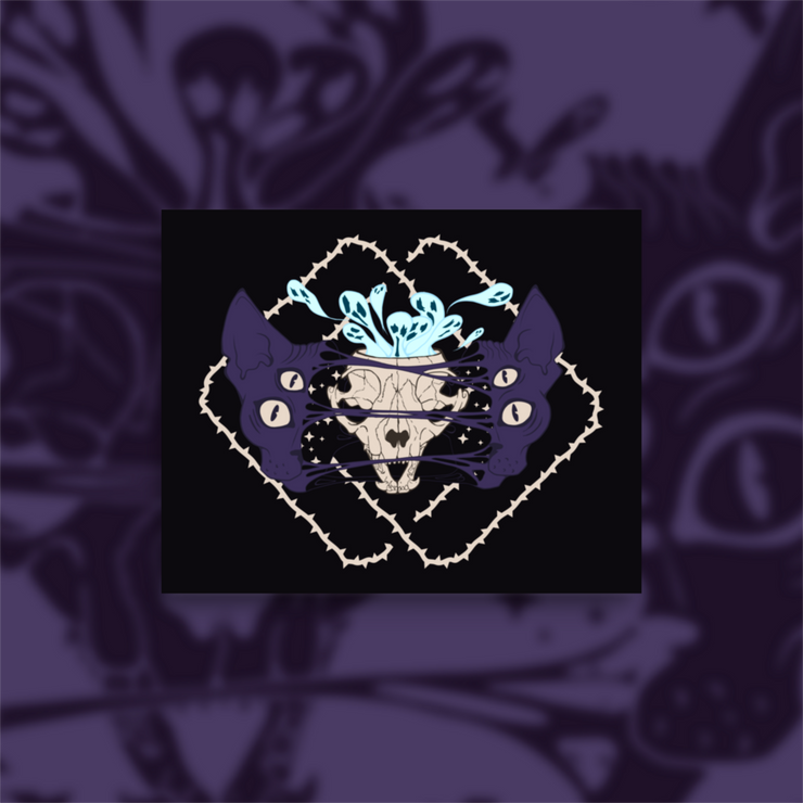 Four eyed sphynx cat head, split in the center with an exposed skull behind strings of skin. Blue ghouls escape within. Thorned frame design.
