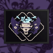 Four eyed sphynx cat head, split in the center with an exposed skull behind strings of skin. Blue ghouls escape within. Thorned frame design.

