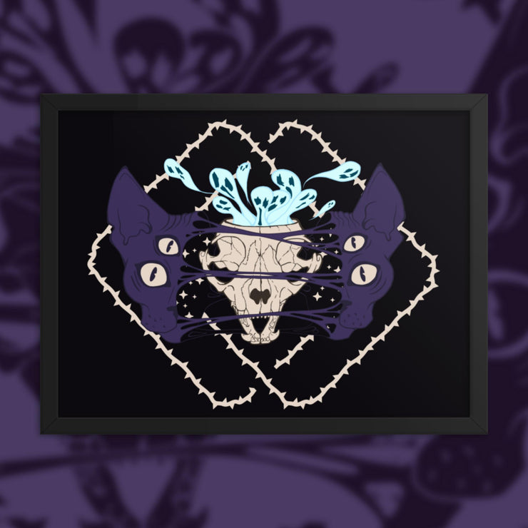 Four eyed sphynx cat head, split in the center with an exposed skull behind strings of skin. Blue ghouls escape within. Thorned frame design.
