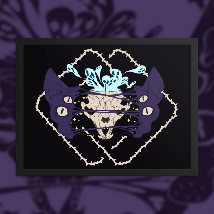 Four eyed sphynx cat head, split in the center with an exposed skull behind strings of skin. Blue ghouls escape within. Thorned frame design.
