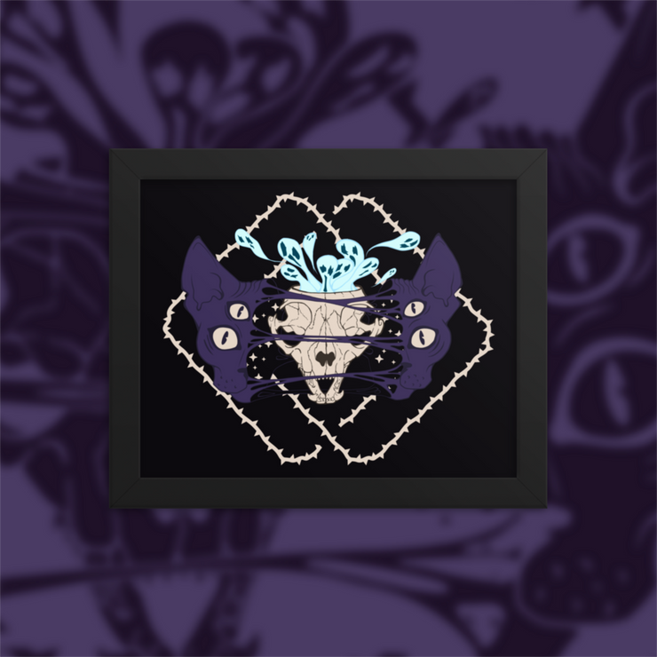 Four eyed sphynx cat head, split in the center with an exposed skull behind strings of skin. Blue ghouls escape within. Thorned frame design.