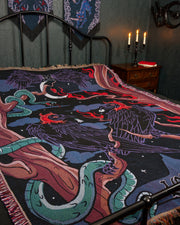 Temptation in a gothic bedroom at a lower angle. A candelabra with three candles rests on a nightstand nearby.