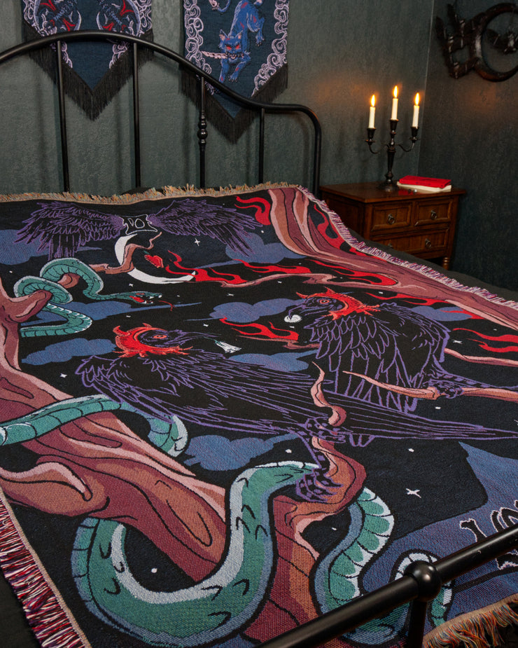 Temptation in a gothic bedroom at a lower angle. A candelabra with three candles rests on a nightstand nearby.