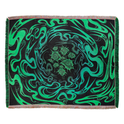 Black background green ghost portal swirling and spiraling towards the middle. Ten eyes with spiral irises cluster in the center of the design.