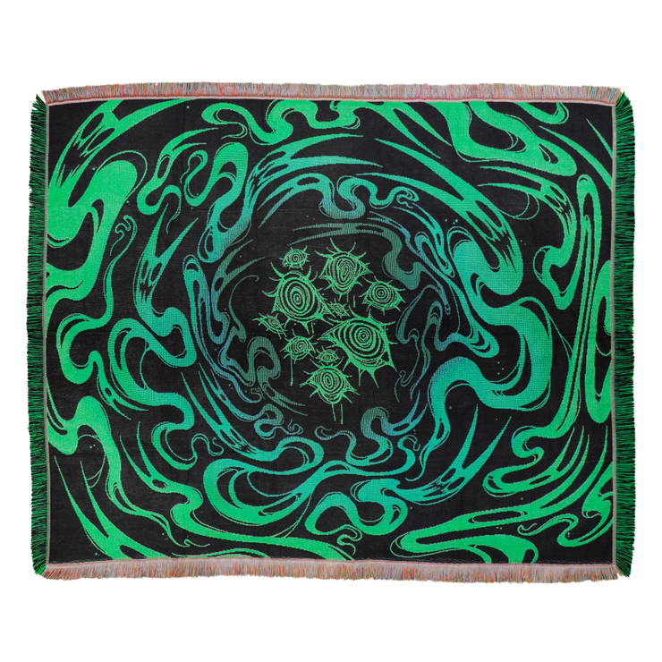 Black background green ghost portal swirling and spiraling towards the middle. Ten eyes with spiral irises cluster in the center of the design.