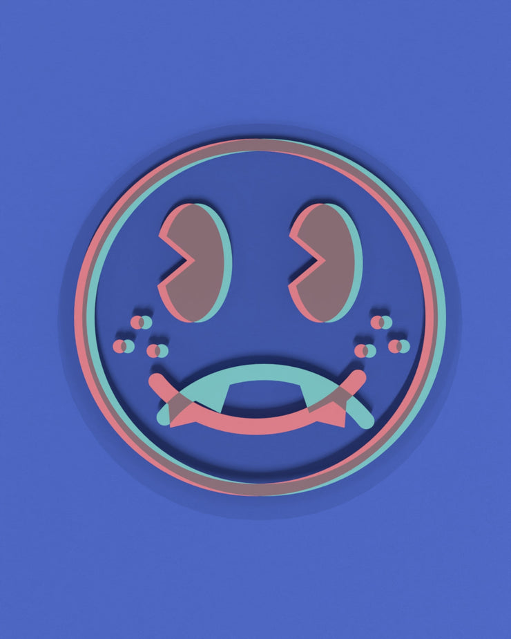 Clear sticker with a red happy face overlapping a blue frowning face with freckles, giving old 3d movie effect